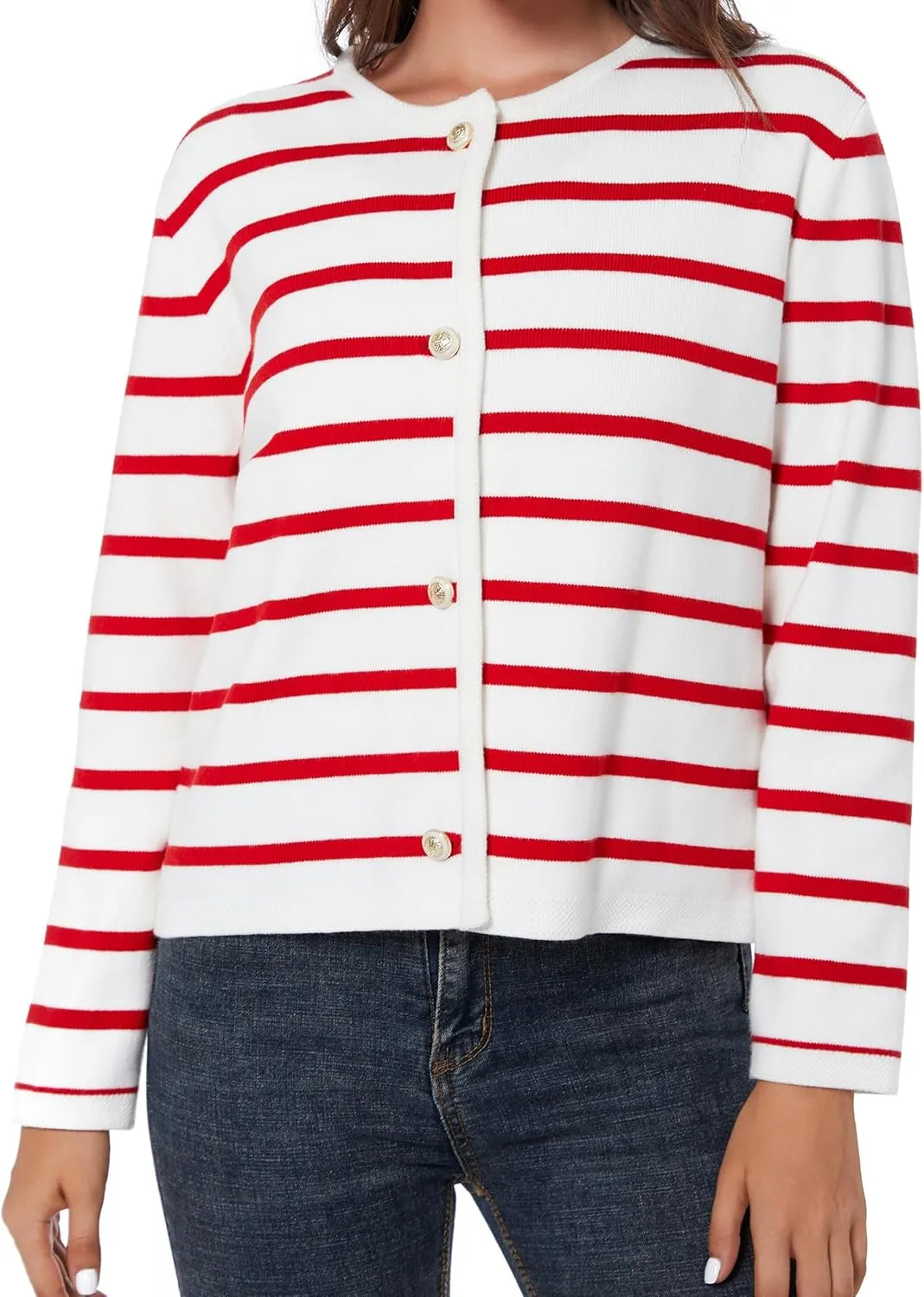 Women's Striped Cardigan Sweater Trendy Long Sleeve Button Down Crewneck Knit Cardigans