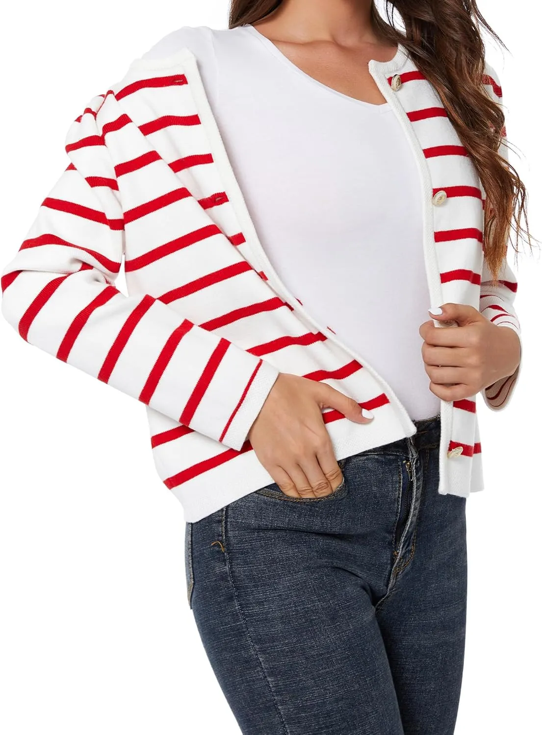Women's Striped Cardigan Sweater Trendy Long Sleeve Button Down Crewneck Knit Cardigans
