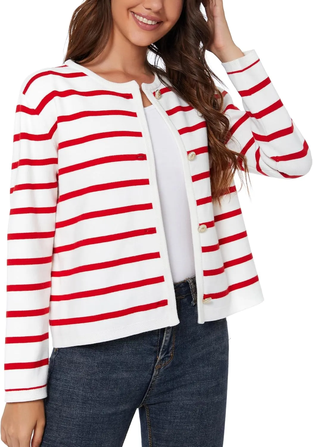 Women's Striped Cardigan Sweater Trendy Long Sleeve Button Down Crewneck Knit Cardigans