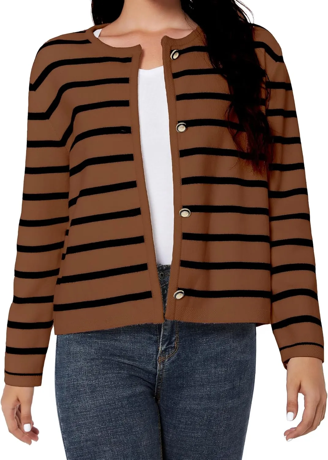 Women's Striped Cardigan Sweater Trendy Long Sleeve Button Down Crewneck Knit Cardigans