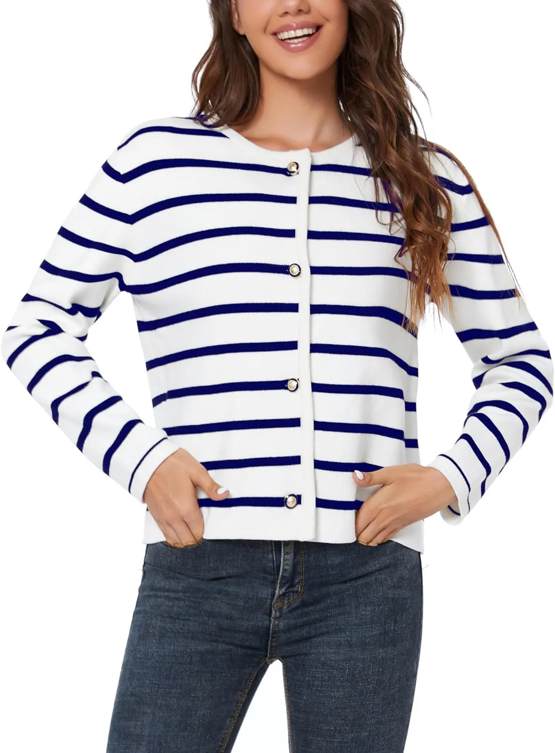 Women's Striped Cardigan Sweater Trendy Long Sleeve Button Down Crewneck Knit Cardigans