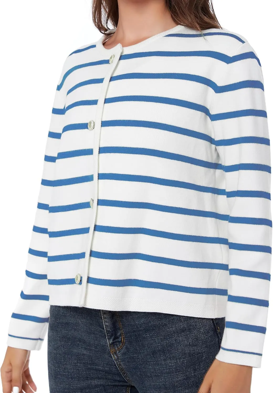 Women's Striped Cardigan Sweater Trendy Long Sleeve Button Down Crewneck Knit Cardigans