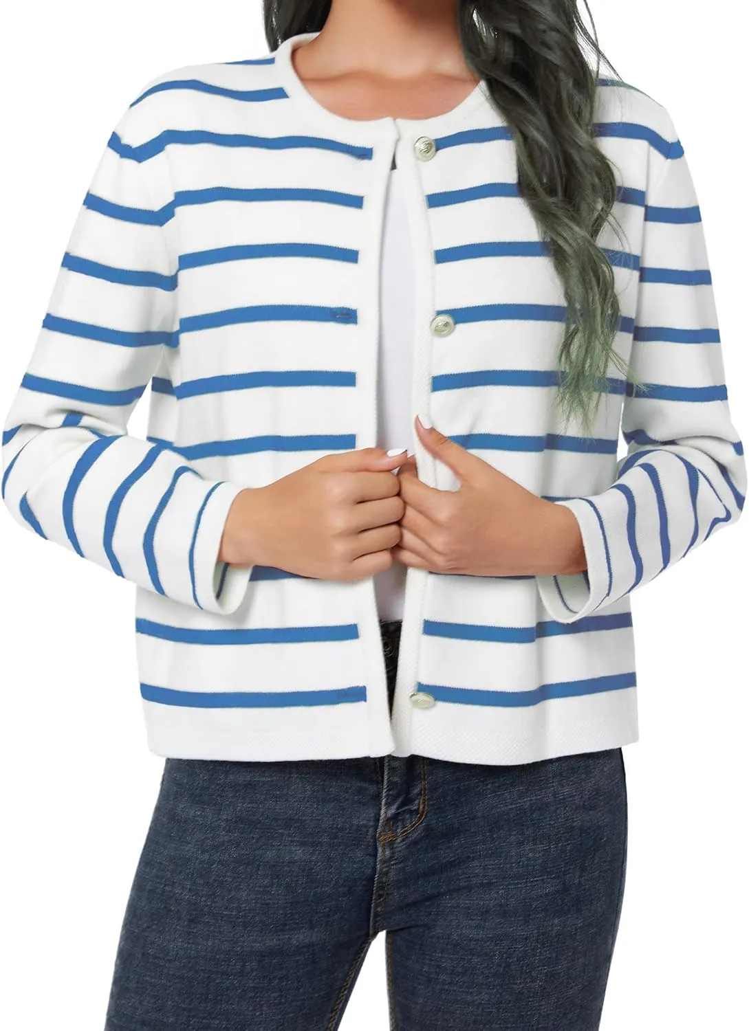 Women's Striped Cardigan Sweater Trendy Long Sleeve Button Down Crewneck Knit Cardigans