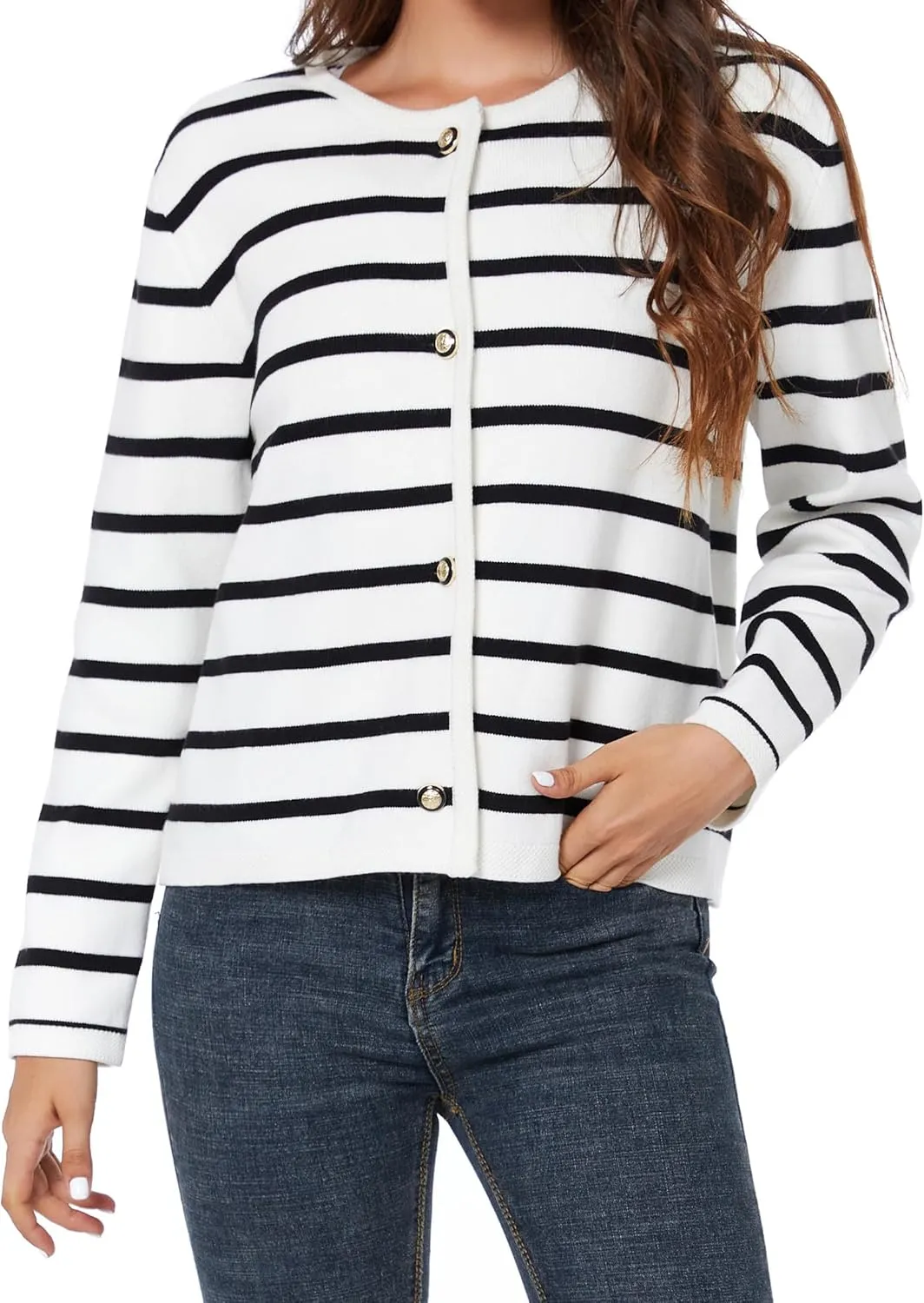 Women's Striped Cardigan Sweater Trendy Long Sleeve Button Down Crewneck Knit Cardigans