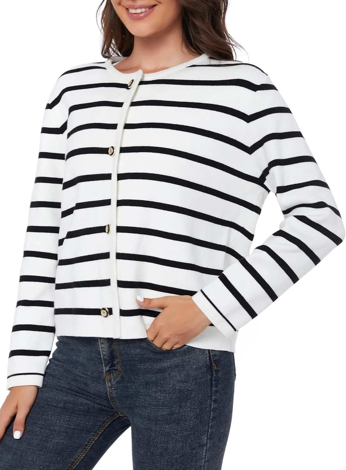 Women's Striped Cardigan Sweater Trendy Long Sleeve Button Down Crewneck Knit Cardigans