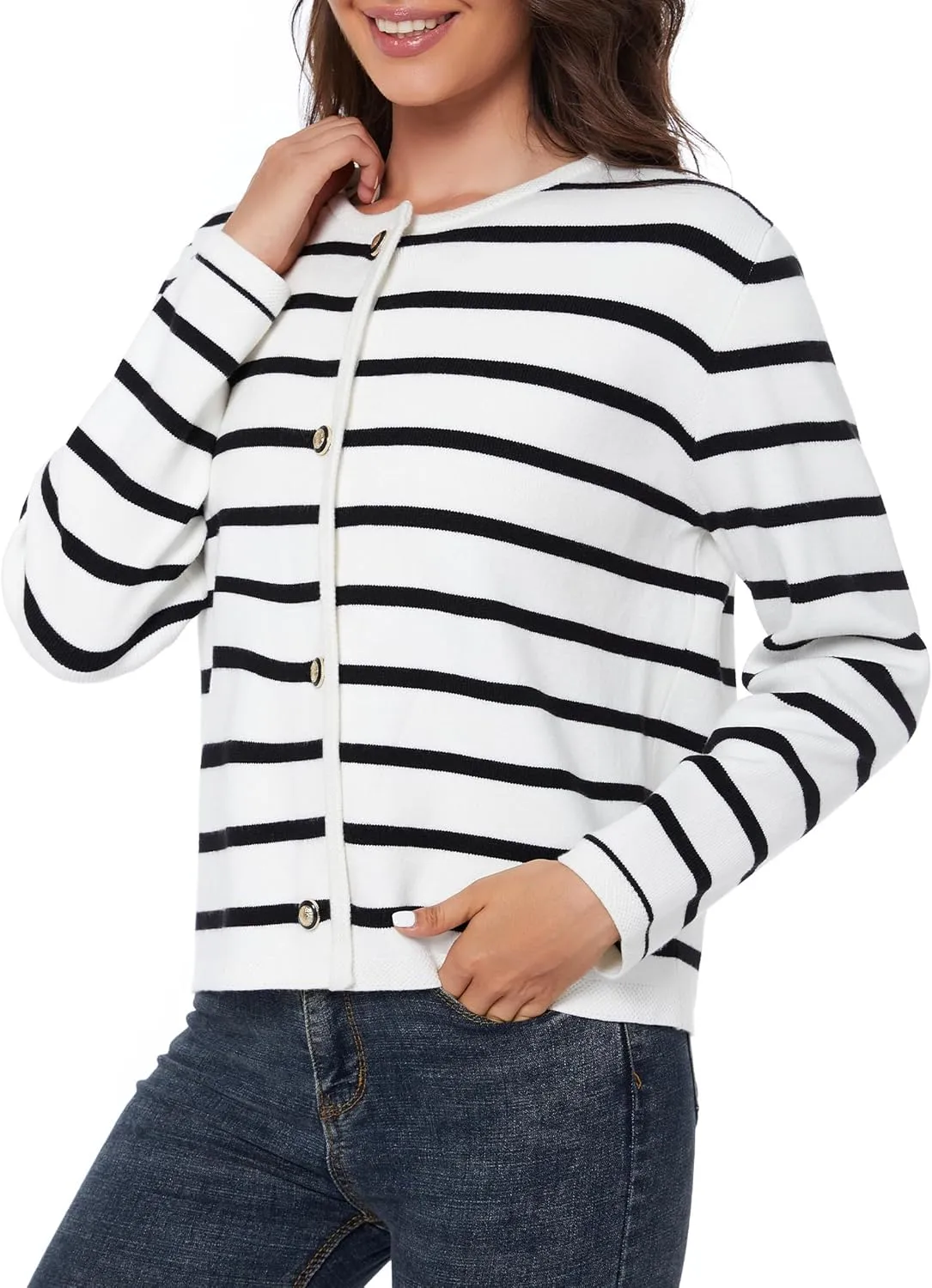Women's Striped Cardigan Sweater Trendy Long Sleeve Button Down Crewneck Knit Cardigans