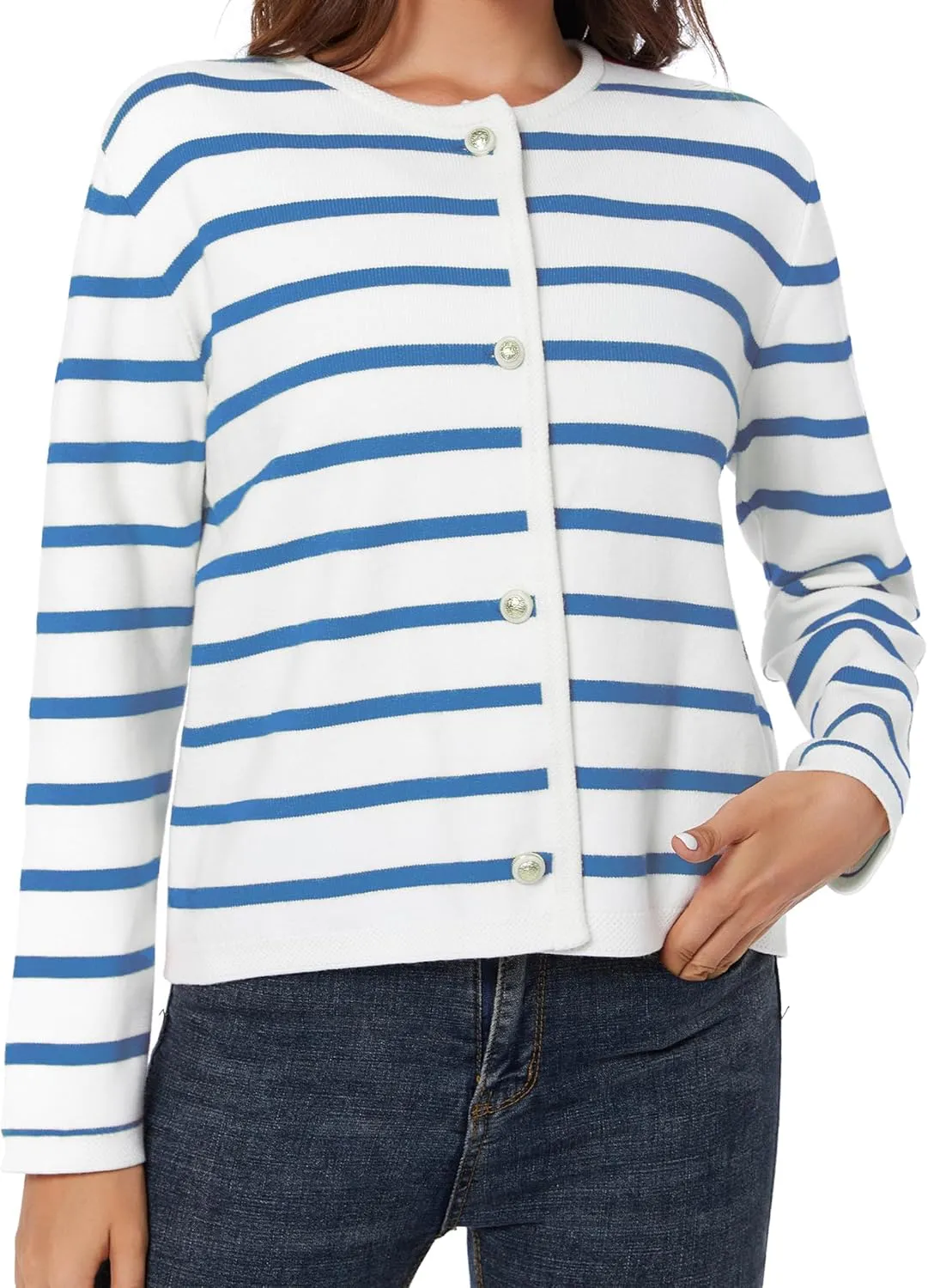 Women's Striped Cardigan Sweater Trendy Long Sleeve Button Down Crewneck Knit Cardigans