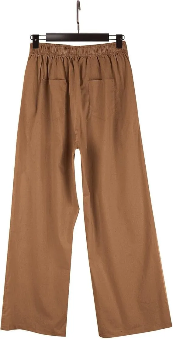 Women's Summer High-Waisted Trousers Button Elastic Waist Wide-Leg Pants Beach Cotton Linen Casual Palazzo Pant