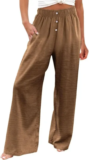 Women's Summer High-Waisted Trousers Button Elastic Waist Wide-Leg Pants Beach Cotton Linen Casual Palazzo Pant