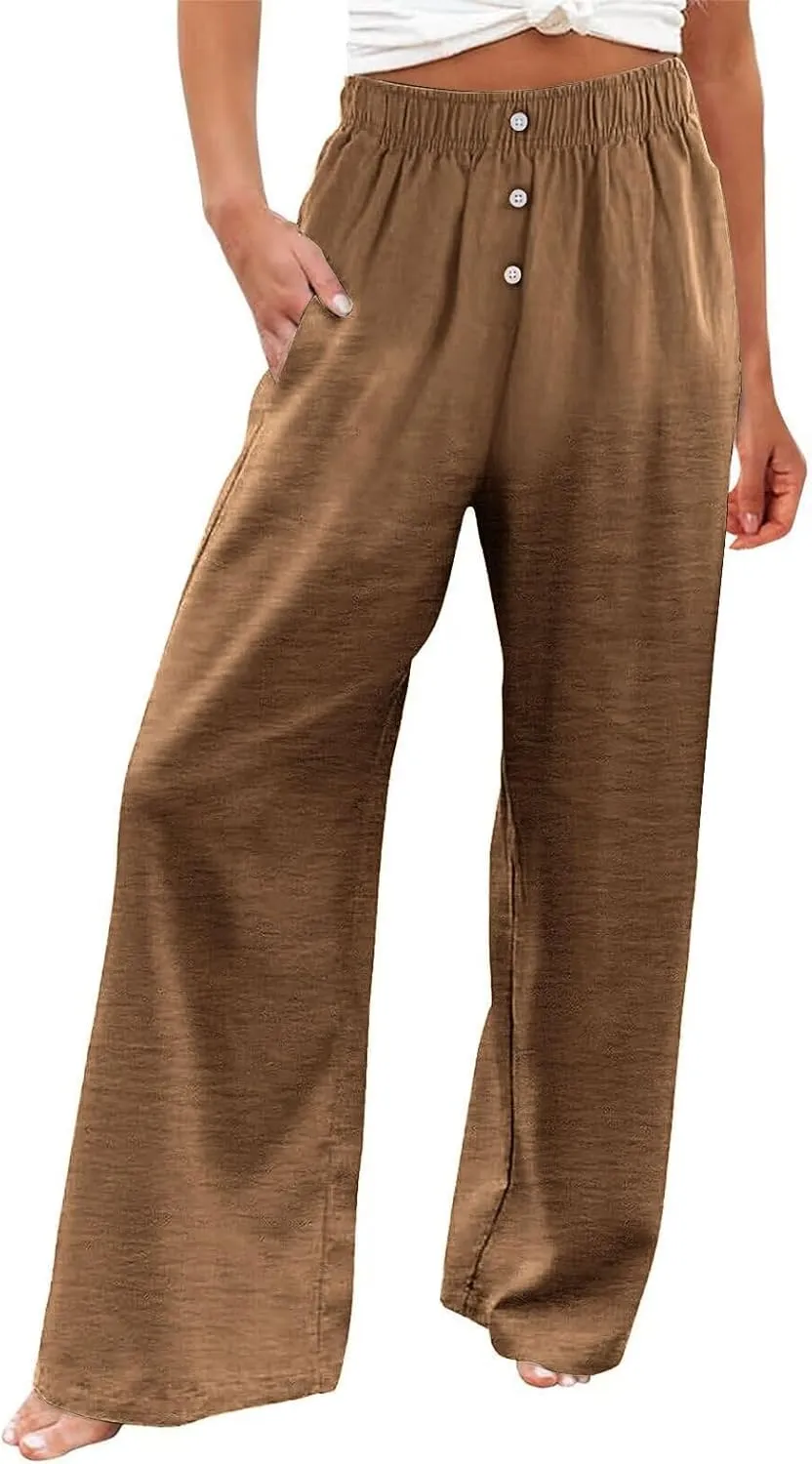 Women's Summer High-Waisted Trousers Button Elastic Waist Wide-Leg Pants Beach Cotton Linen Casual Palazzo Pant