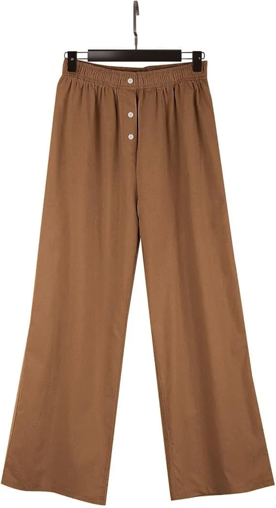 Women's Summer High-Waisted Trousers Button Elastic Waist Wide-Leg Pants Beach Cotton Linen Casual Palazzo Pant