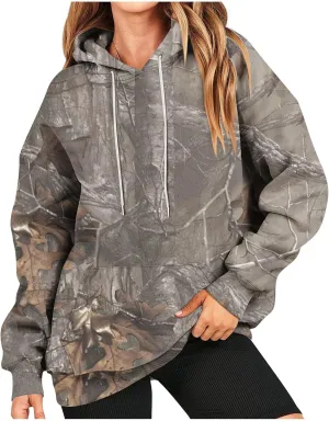 Womens Sweatshirts Trendy Camo Hoodie Maple-Leaf Print Hooded Long Sleeve Tops with Pocket Fall Clothes