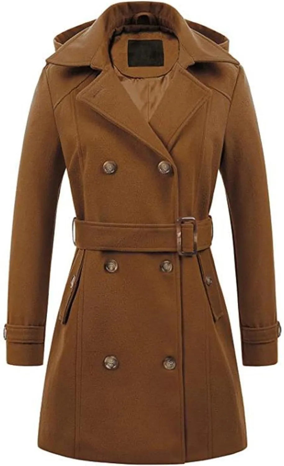 Womens Trench Coat, Mid Length Trendy Knit Coats Winter Windbreaker Hooded Outerwear Classic Lapel Overcoat