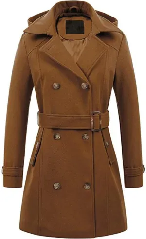 Womens Trench Coat, Mid Length Trendy Knit Coats Winter Windbreaker Hooded Outerwear Classic Lapel Overcoat