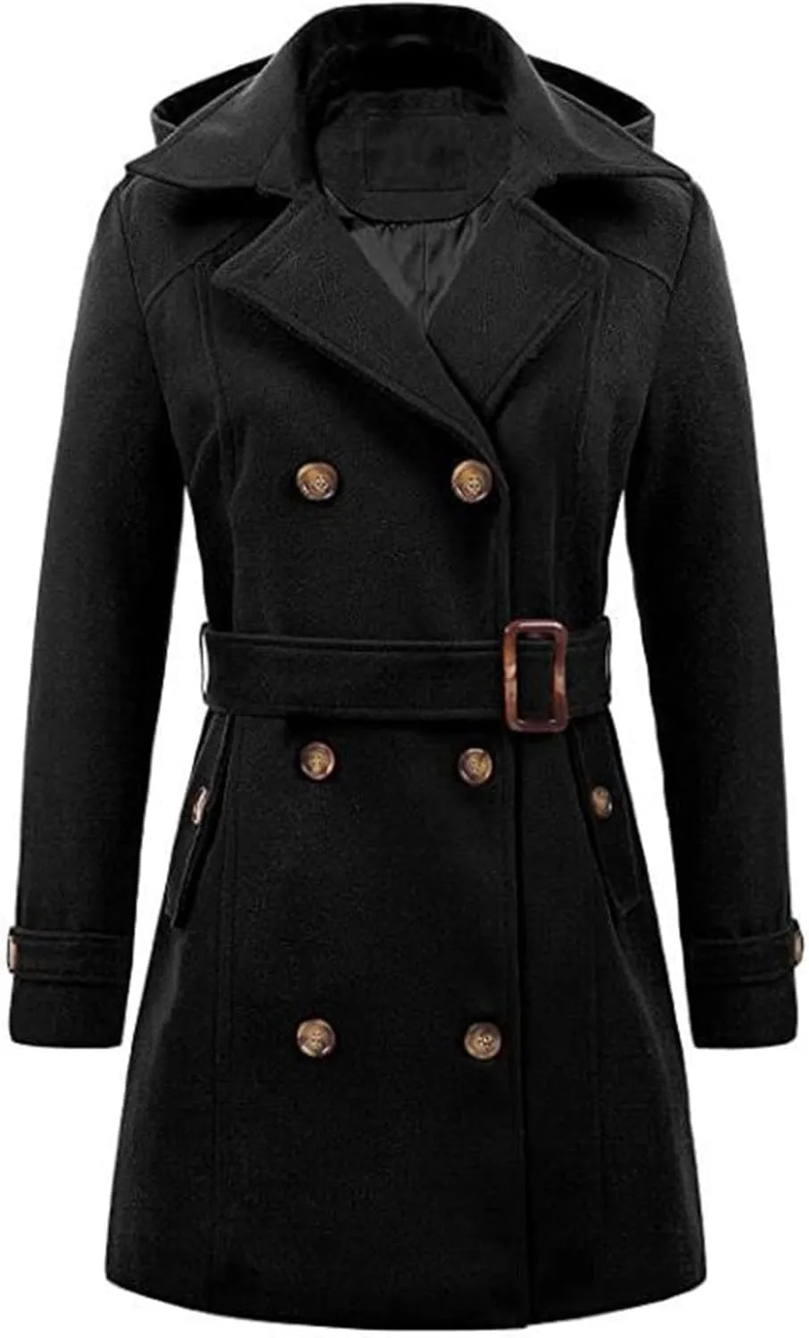 Womens Trench Coat, Mid Length Trendy Knit Coats Winter Windbreaker Hooded Outerwear Classic Lapel Overcoat