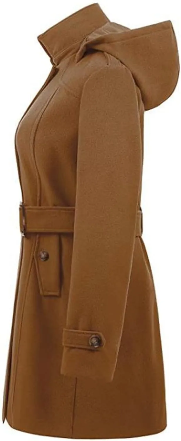 Womens Trench Coat, Mid Length Trendy Knit Coats Winter Windbreaker Hooded Outerwear Classic Lapel Overcoat