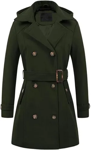 Womens Trench Coat, Mid Length Trendy Knit Coats Winter Windbreaker Hooded Outerwear Classic Lapel Overcoat