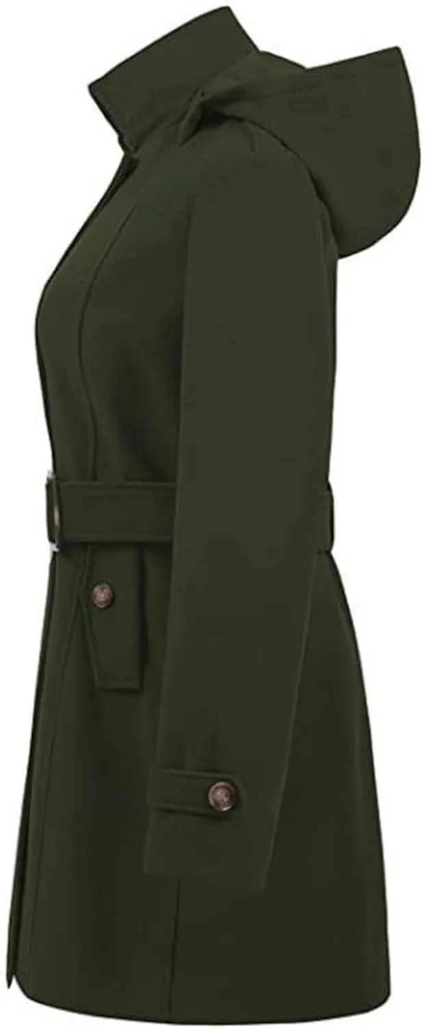 Womens Trench Coat, Mid Length Trendy Knit Coats Winter Windbreaker Hooded Outerwear Classic Lapel Overcoat