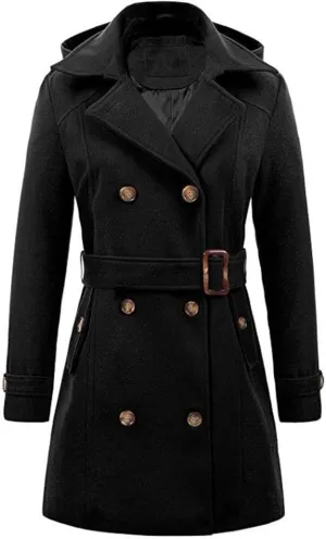 Womens Trench Coat, Mid Length Trendy Knit Coats Winter Windbreaker Hooded Outerwear Classic Lapel Overcoat