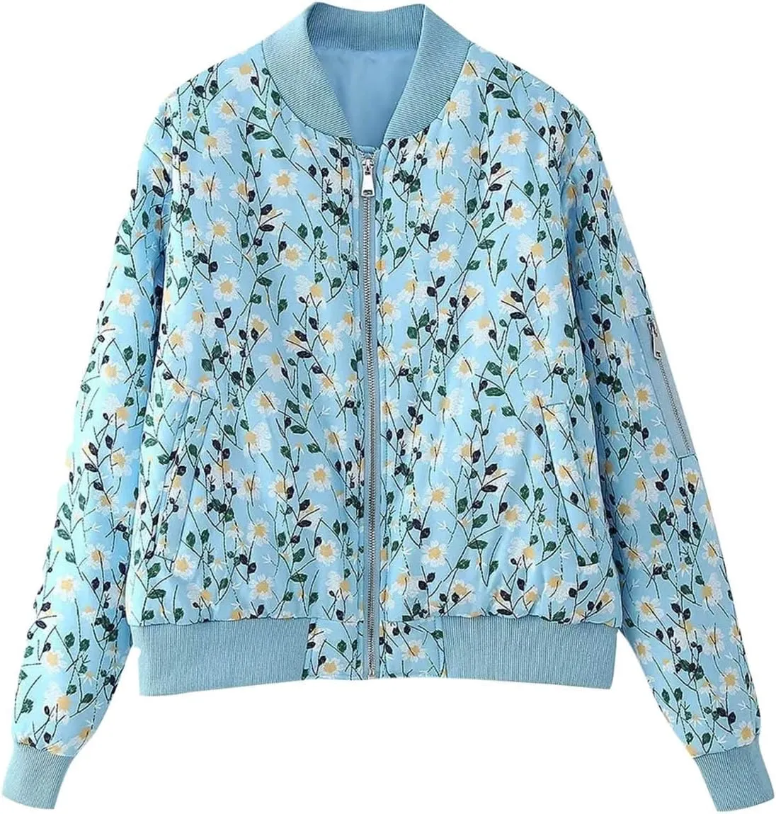 Women's Trendy Cropped Bomber Jacket Printed Down Jacket Zipper Long Sleeve Cotton Padded Coat Outerwear