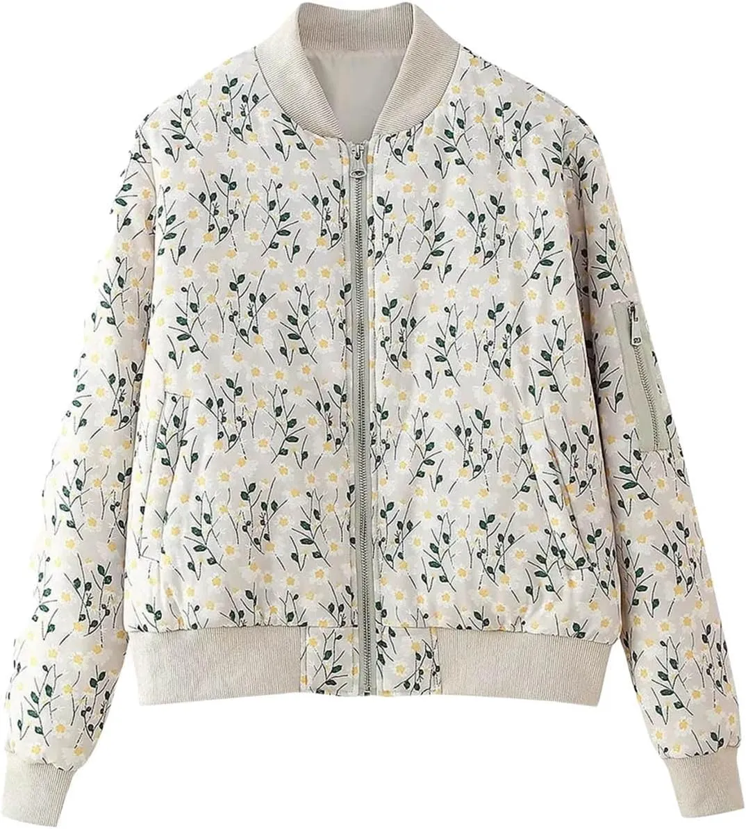 Women's Trendy Cropped Bomber Jacket Printed Down Jacket Zipper Long Sleeve Cotton Padded Coat Outerwear