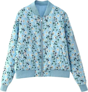 Women's Trendy Cropped Bomber Jacket Printed Down Jacket Zipper Long Sleeve Cotton Padded Coat Outerwear
