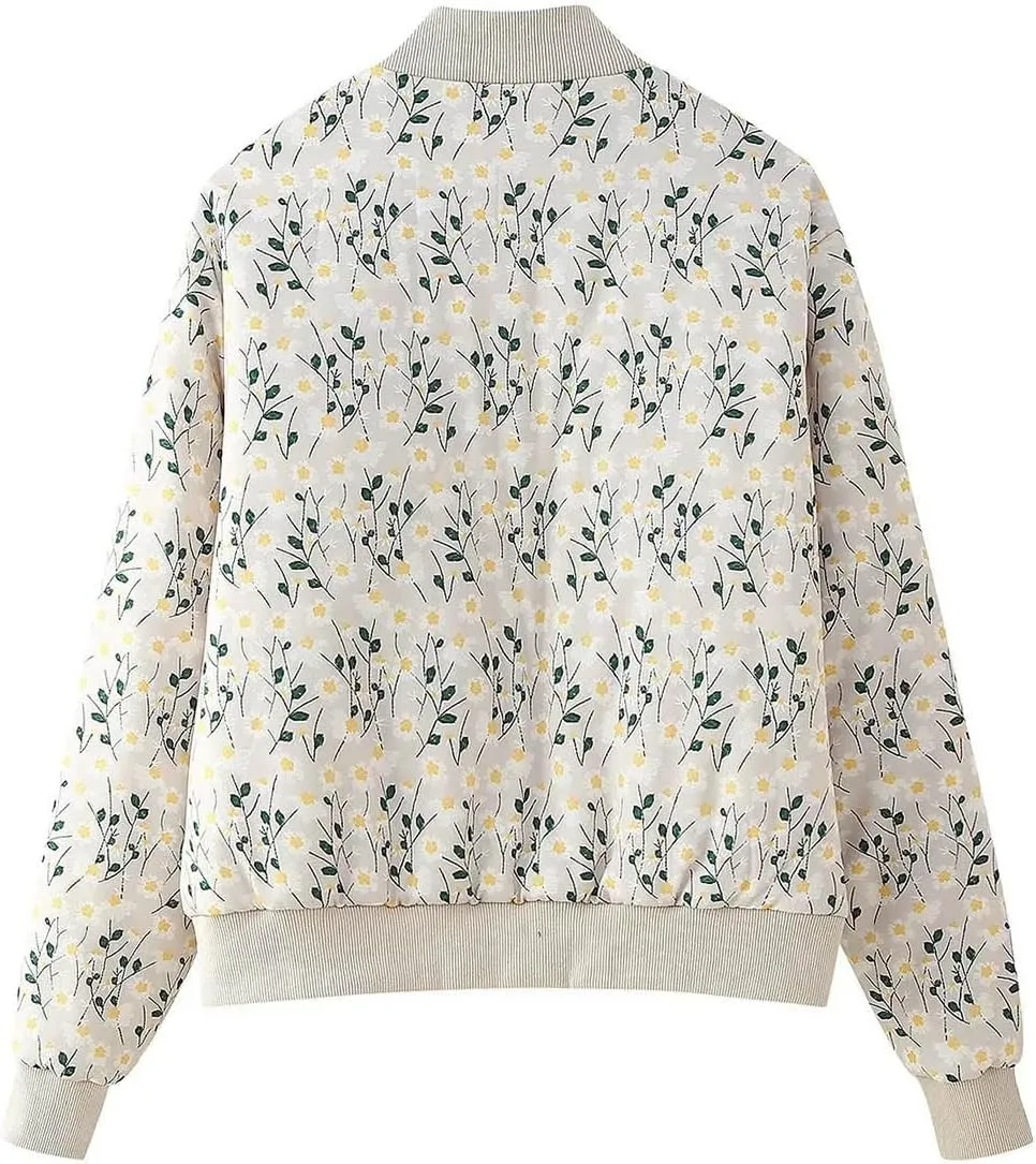 Women's Trendy Cropped Bomber Jacket Printed Down Jacket Zipper Long Sleeve Cotton Padded Coat Outerwear