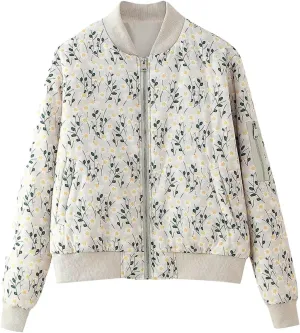 Women's Trendy Cropped Bomber Jacket Printed Down Jacket Zipper Long Sleeve Cotton Padded Coat Outerwear