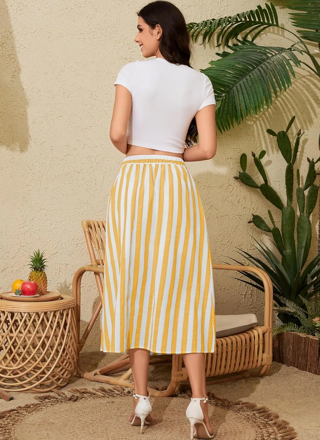 Women's Trendy Summer Casual Pleated Striped Maxi Flared Beach Skirt High Waist A-Line Flowy Midi Skirts Long Dresses