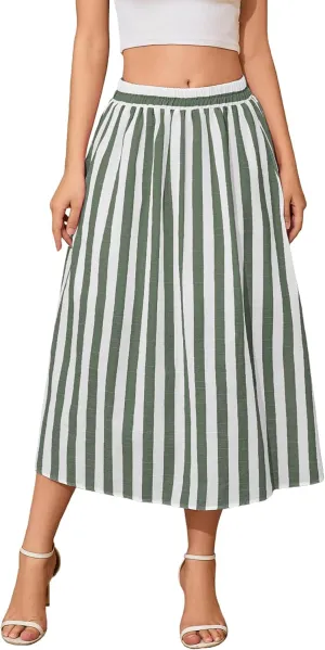 Women's Trendy Summer Casual Pleated Striped Maxi Flared Beach Skirt High Waist A-Line Flowy Midi Skirts Long Dresses