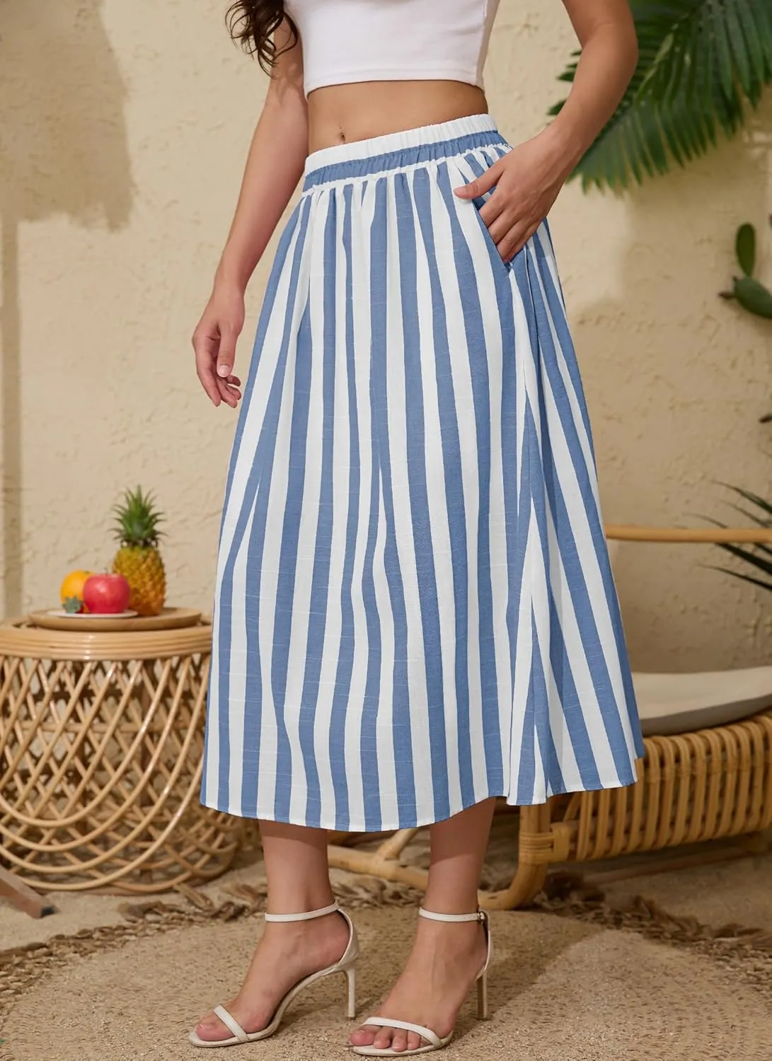Women's Trendy Summer Casual Pleated Striped Maxi Flared Beach Skirt High Waist A-Line Flowy Midi Skirts Long Dresses