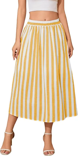 Women's Trendy Summer Casual Pleated Striped Maxi Flared Beach Skirt High Waist A-Line Flowy Midi Skirts Long Dresses