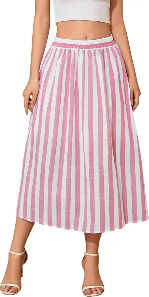 Women's Trendy Summer Casual Pleated Striped Maxi Flared Beach Skirt High Waist A-Line Flowy Midi Skirts Long Dresses