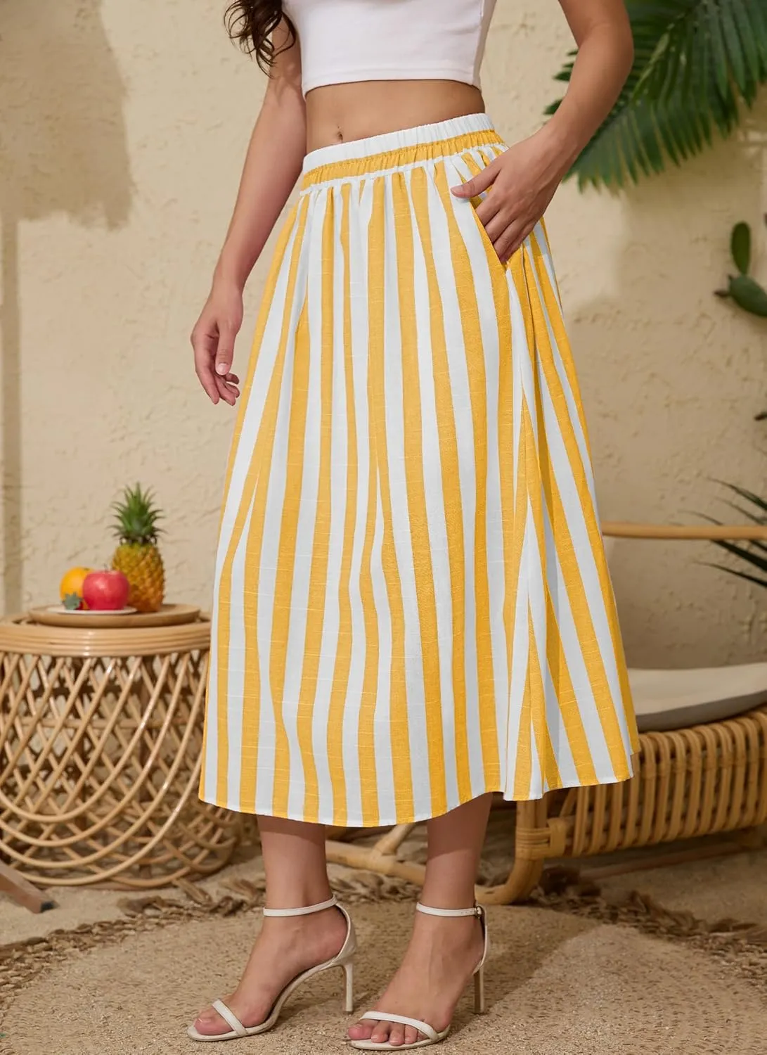 Women's Trendy Summer Casual Pleated Striped Maxi Flared Beach Skirt High Waist A-Line Flowy Midi Skirts Long Dresses