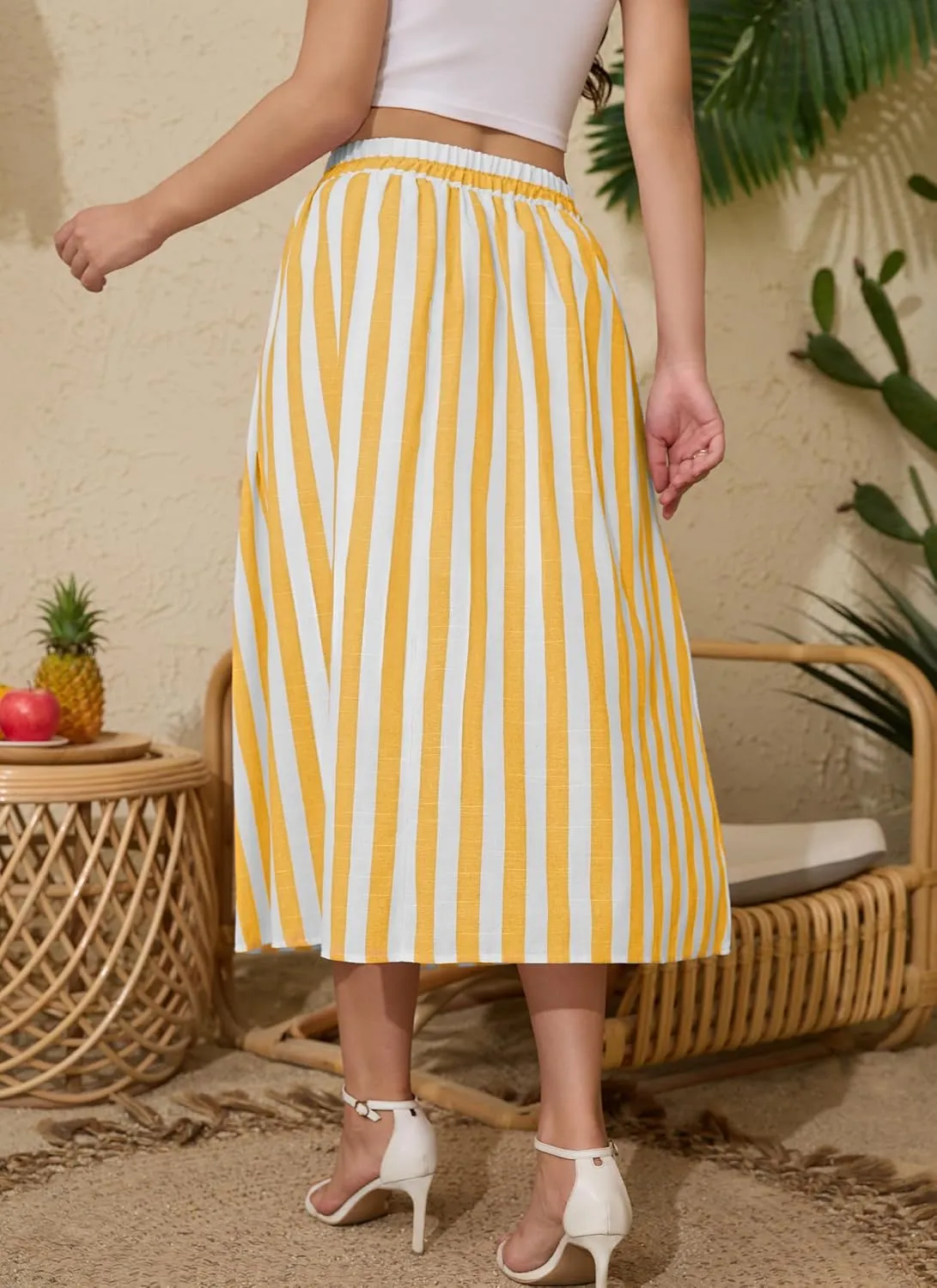 Women's Trendy Summer Casual Pleated Striped Maxi Flared Beach Skirt High Waist A-Line Flowy Midi Skirts Long Dresses
