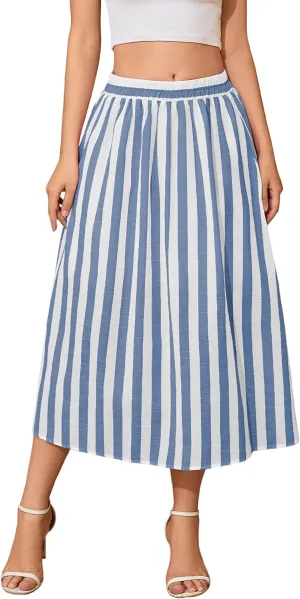 Women's Trendy Summer Casual Pleated Striped Maxi Flared Beach Skirt High Waist A-Line Flowy Midi Skirts Long Dresses