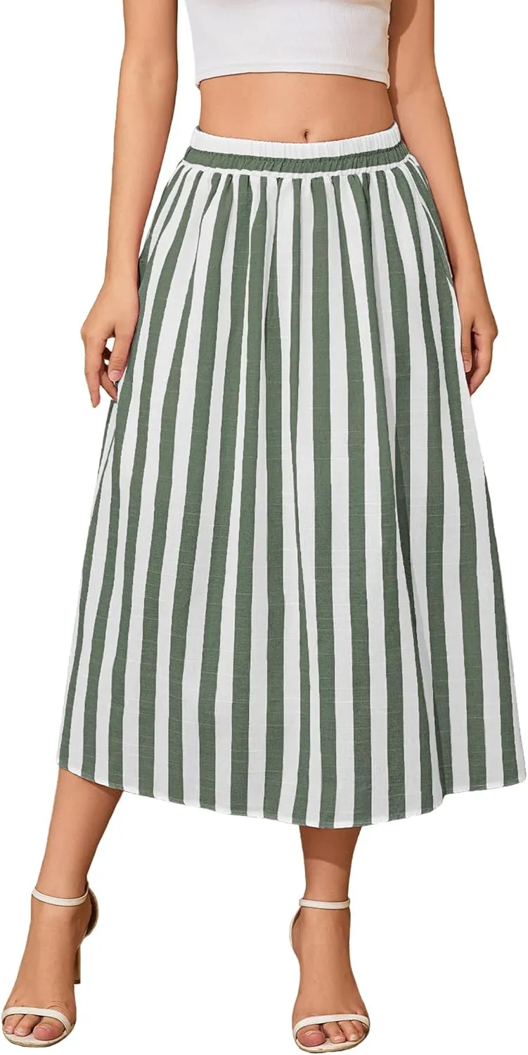 Women's Trendy Summer Casual Pleated Striped Maxi Flared Beach Skirt High Waist A-Line Flowy Midi Skirts Long Dresses