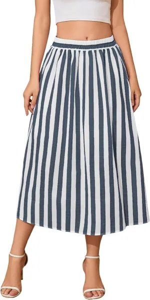 Women's Trendy Summer Casual Pleated Striped Maxi Flared Beach Skirt High Waist A-Line Flowy Midi Skirts Long Dresses
