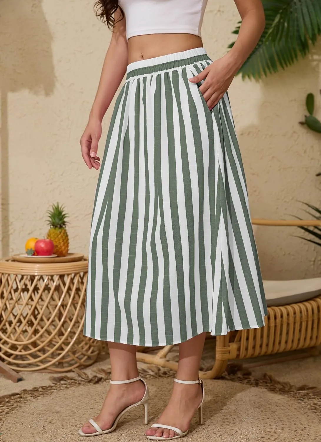 Women's Trendy Summer Casual Pleated Striped Maxi Flared Beach Skirt High Waist A-Line Flowy Midi Skirts Long Dresses