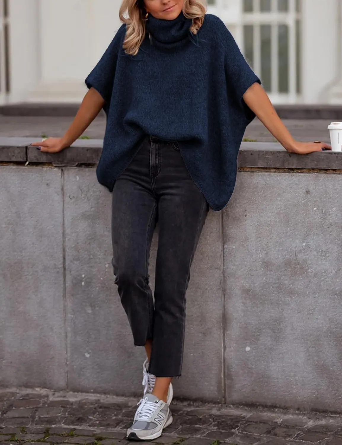 Womens Turtleneck Short Batwing Sleeve Sweater Knitted Oversized Chunky Dolman Tops