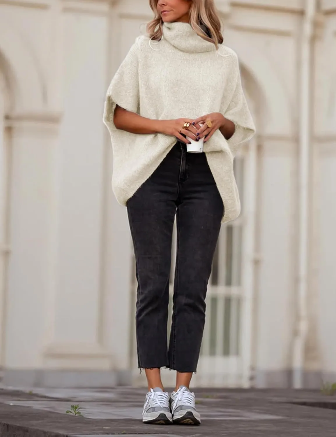 Womens Turtleneck Short Batwing Sleeve Sweater Knitted Oversized Chunky Dolman Tops