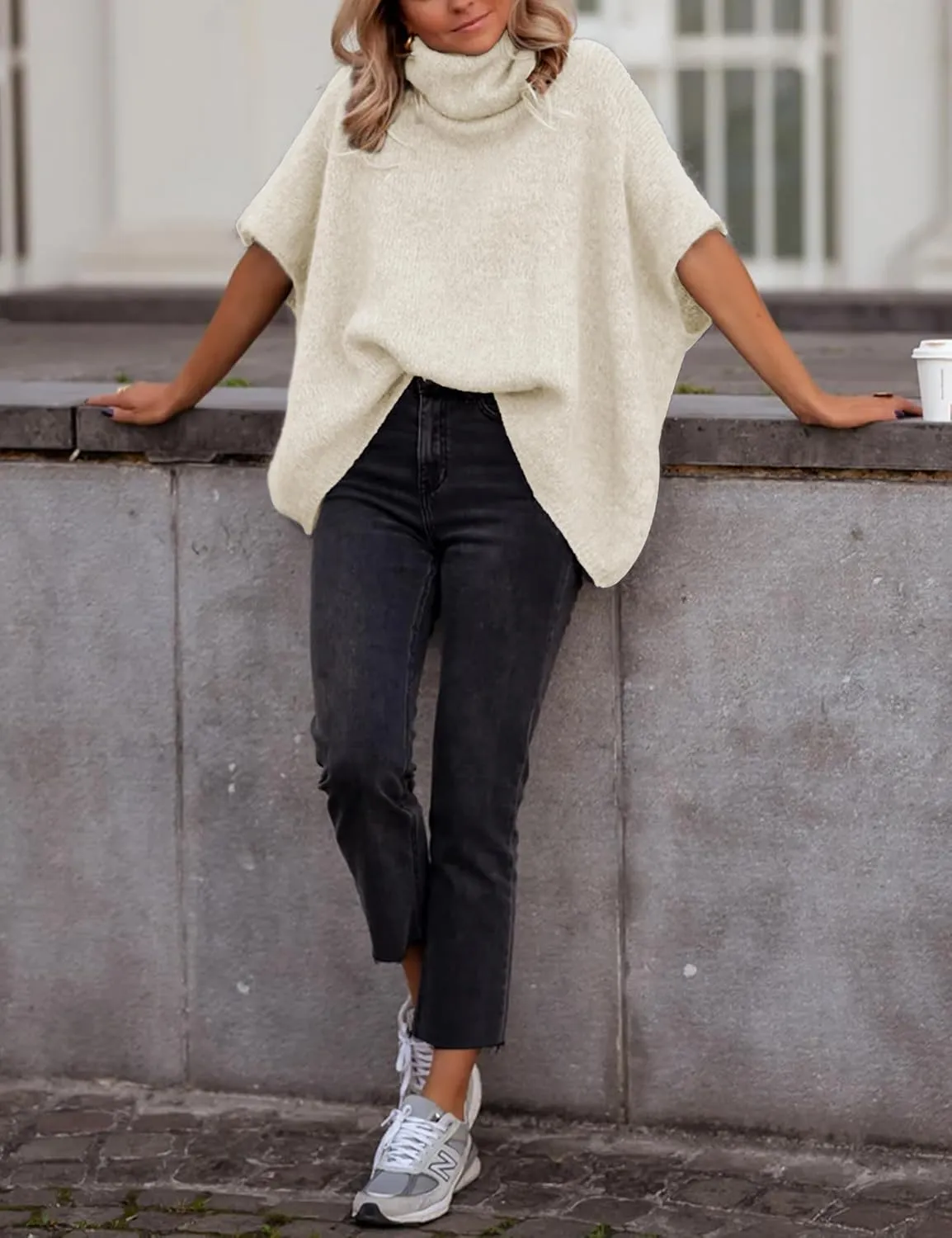 Womens Turtleneck Short Batwing Sleeve Sweater Knitted Oversized Chunky Dolman Tops