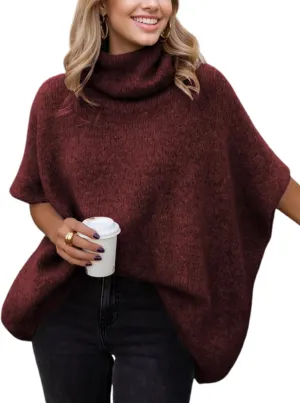 Womens Turtleneck Short Batwing Sleeve Sweater Knitted Oversized Chunky Dolman Tops