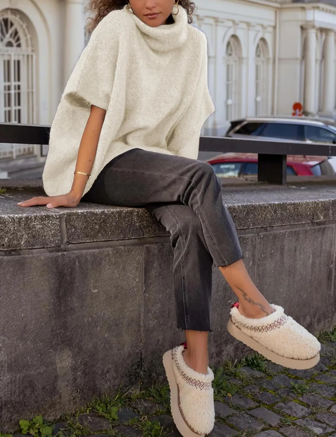 Womens Turtleneck Short Batwing Sleeve Sweater Knitted Oversized Chunky Dolman Tops