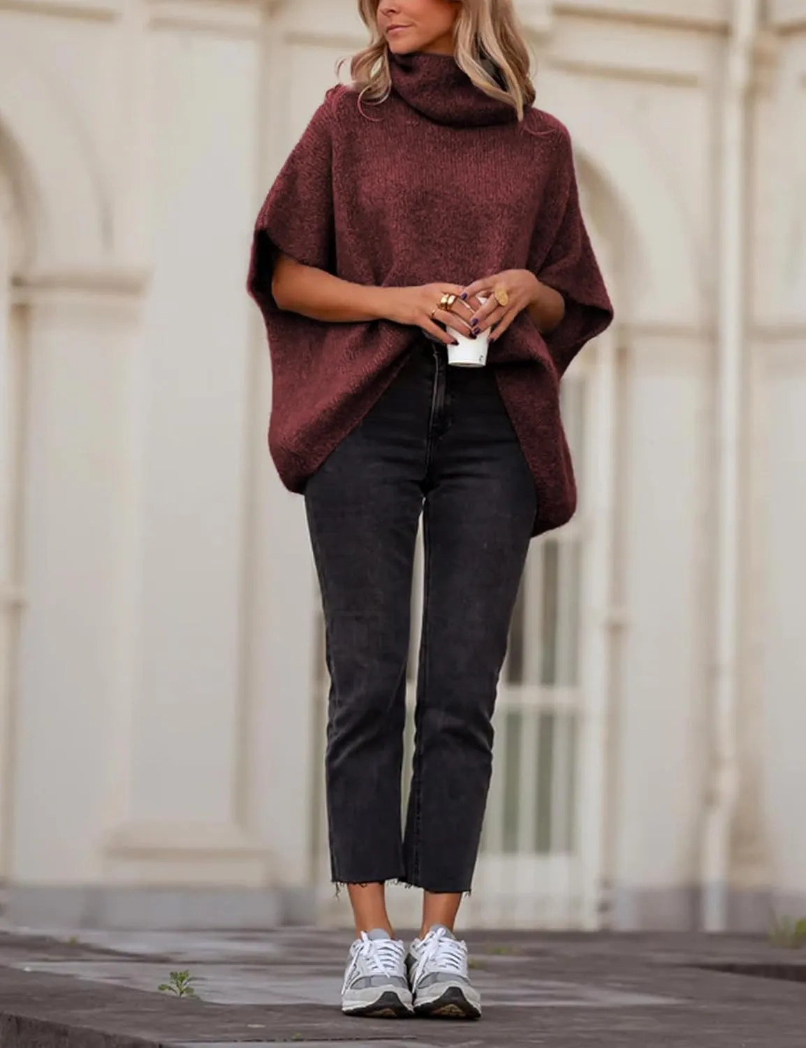 Womens Turtleneck Short Batwing Sleeve Sweater Knitted Oversized Chunky Dolman Tops
