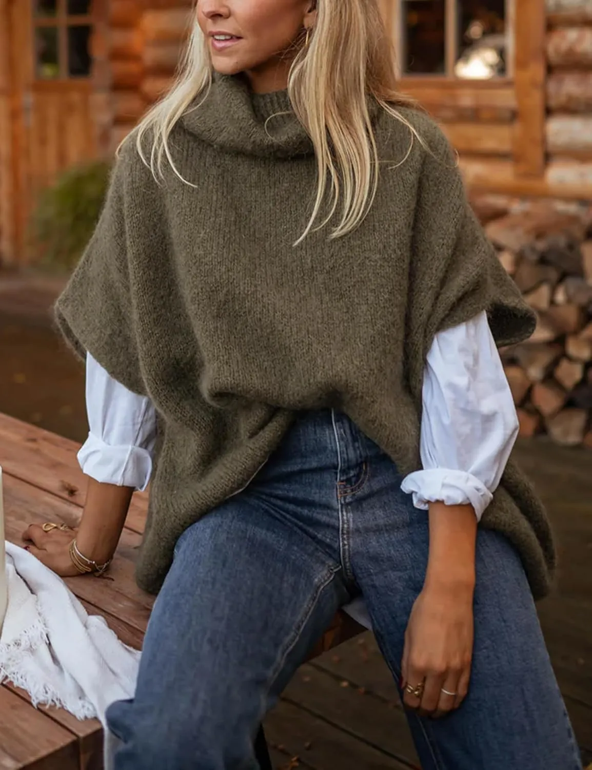Womens Turtleneck Short Batwing Sleeve Sweater Knitted Oversized Chunky Dolman Tops