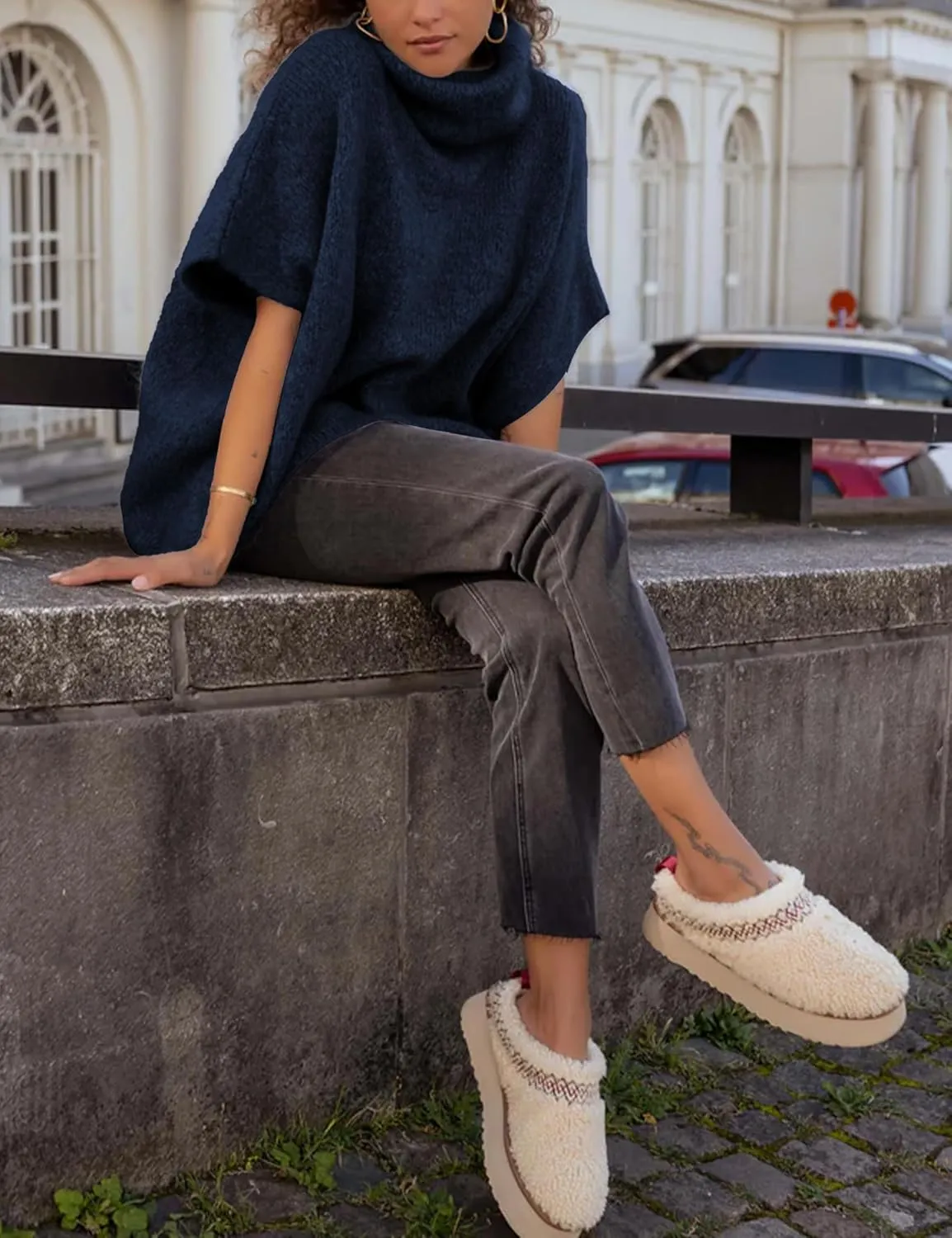 Womens Turtleneck Short Batwing Sleeve Sweater Knitted Oversized Chunky Dolman Tops