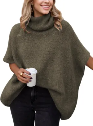 Womens Turtleneck Short Batwing Sleeve Sweater Knitted Oversized Chunky Dolman Tops