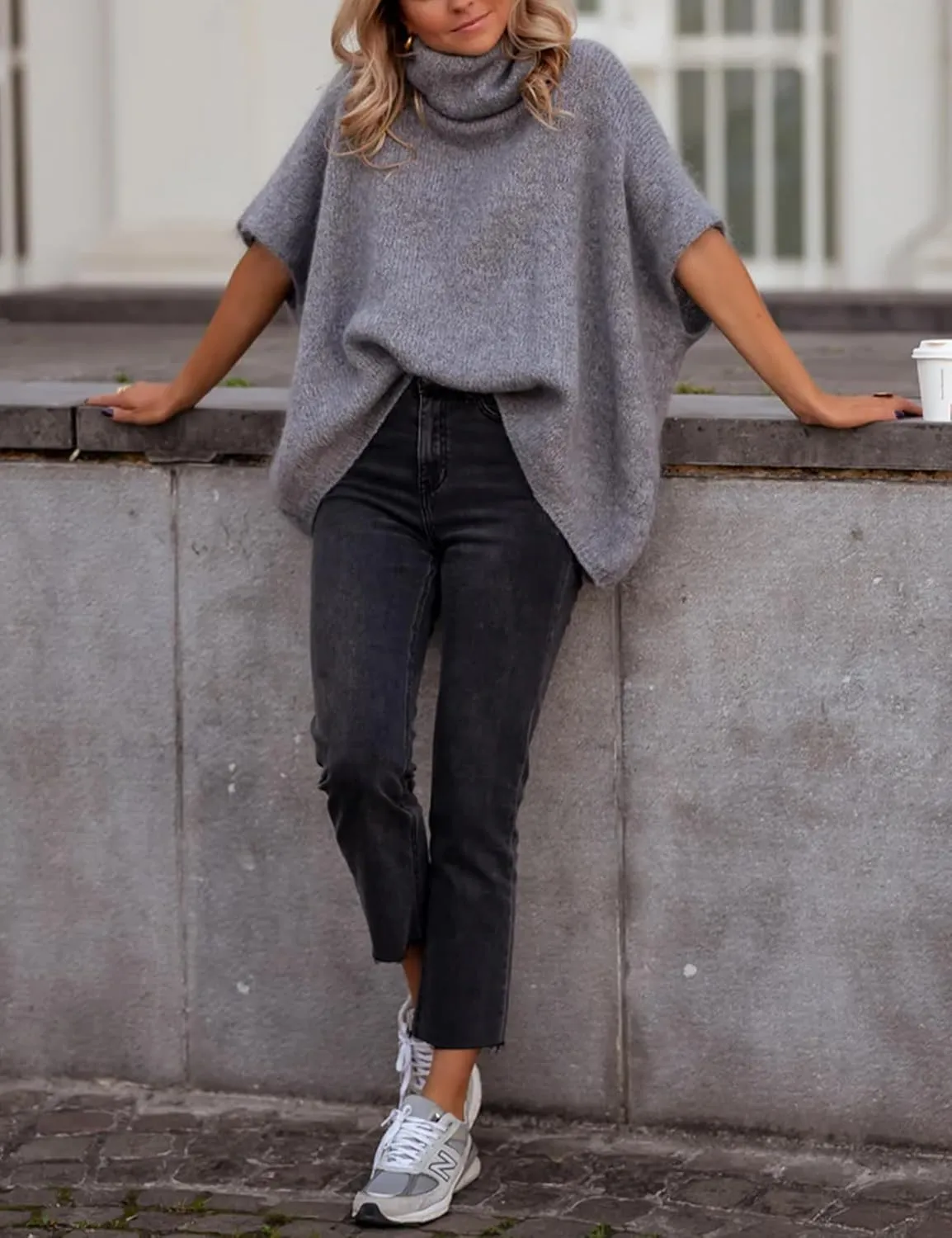 Womens Turtleneck Short Batwing Sleeve Sweater Knitted Oversized Chunky Dolman Tops