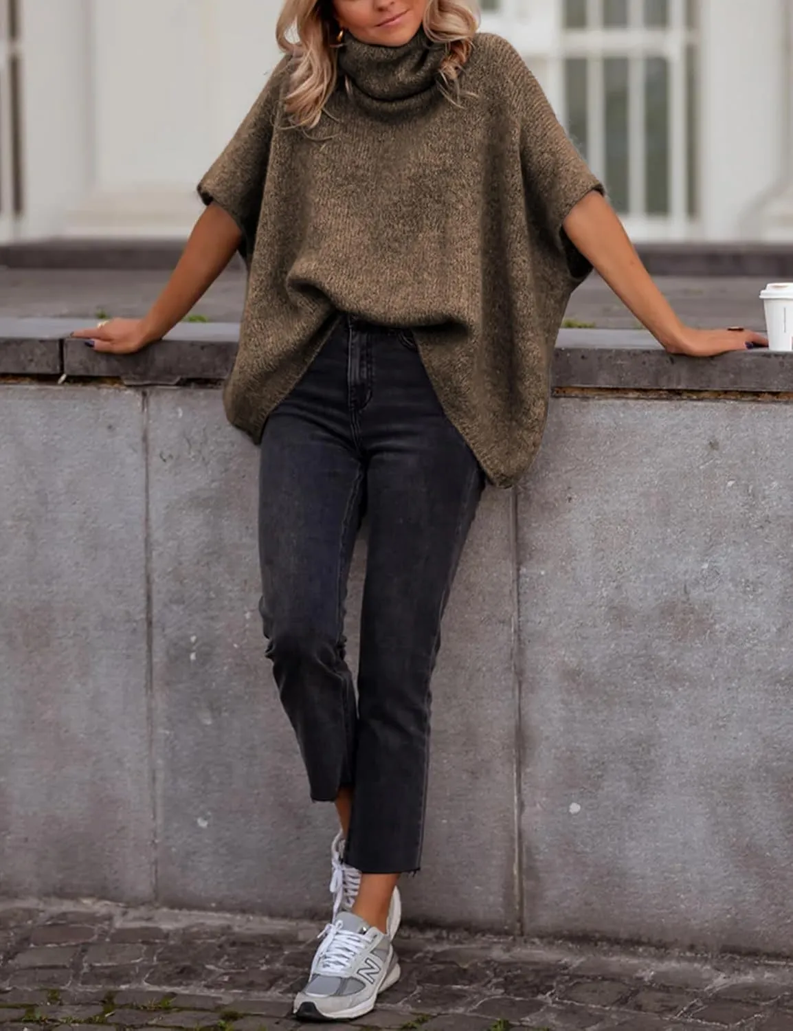 Womens Turtleneck Short Batwing Sleeve Sweater Knitted Oversized Chunky Dolman Tops